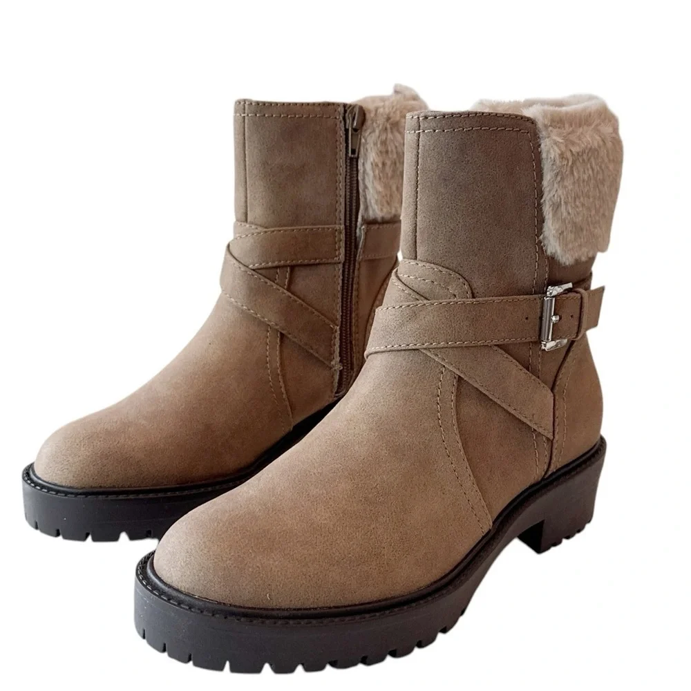 DV By Dolce Vita Oaklyn Faux Leather Boots Brown Fur Round Toe Zip Buckle 8.5
